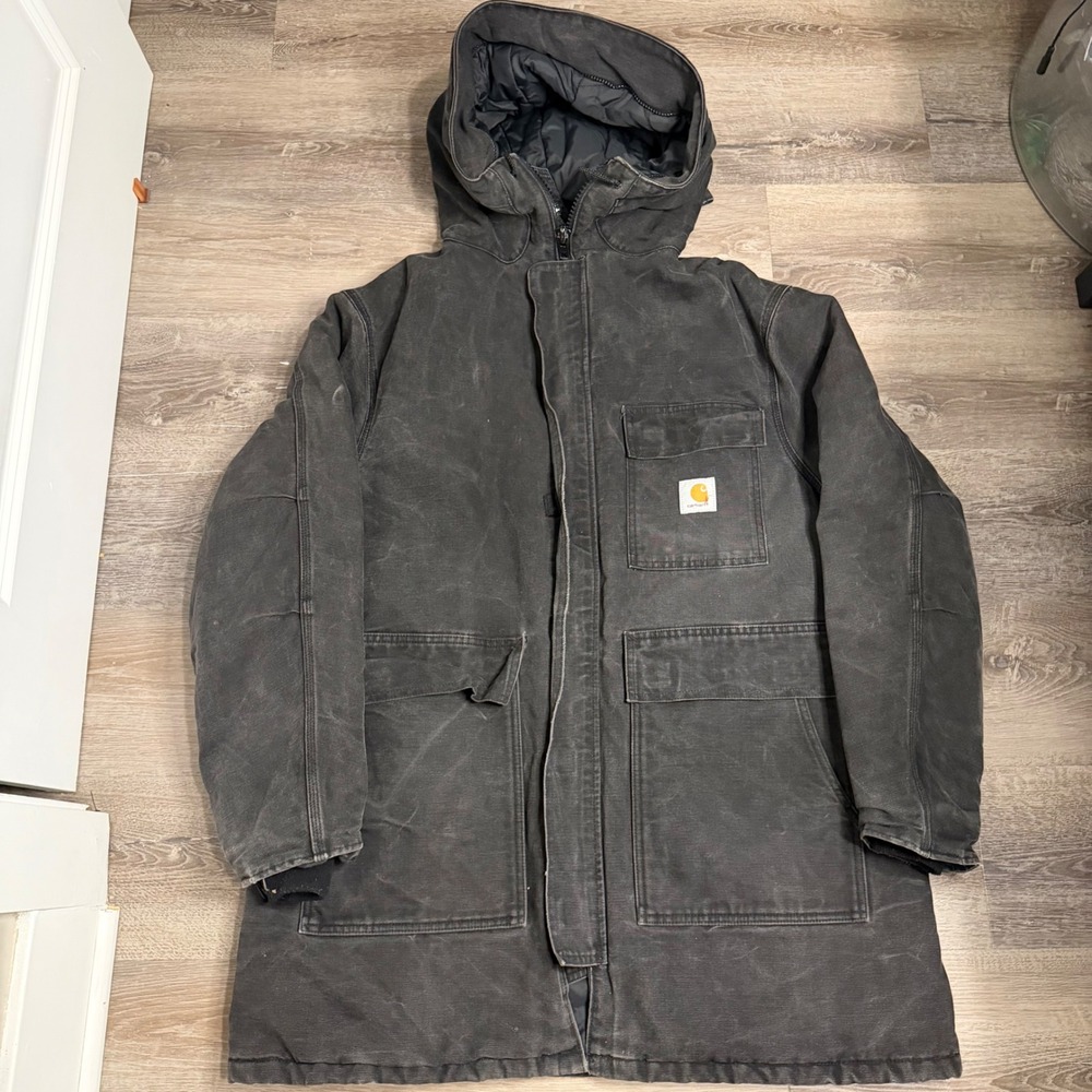 90s Carhartt CQ385 Hooded Parka Jacket Faded Black Cotton Duck Canvas Quilted XL